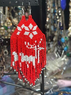 Red and White Beaded Fringe Earrings with Reindeer Motif